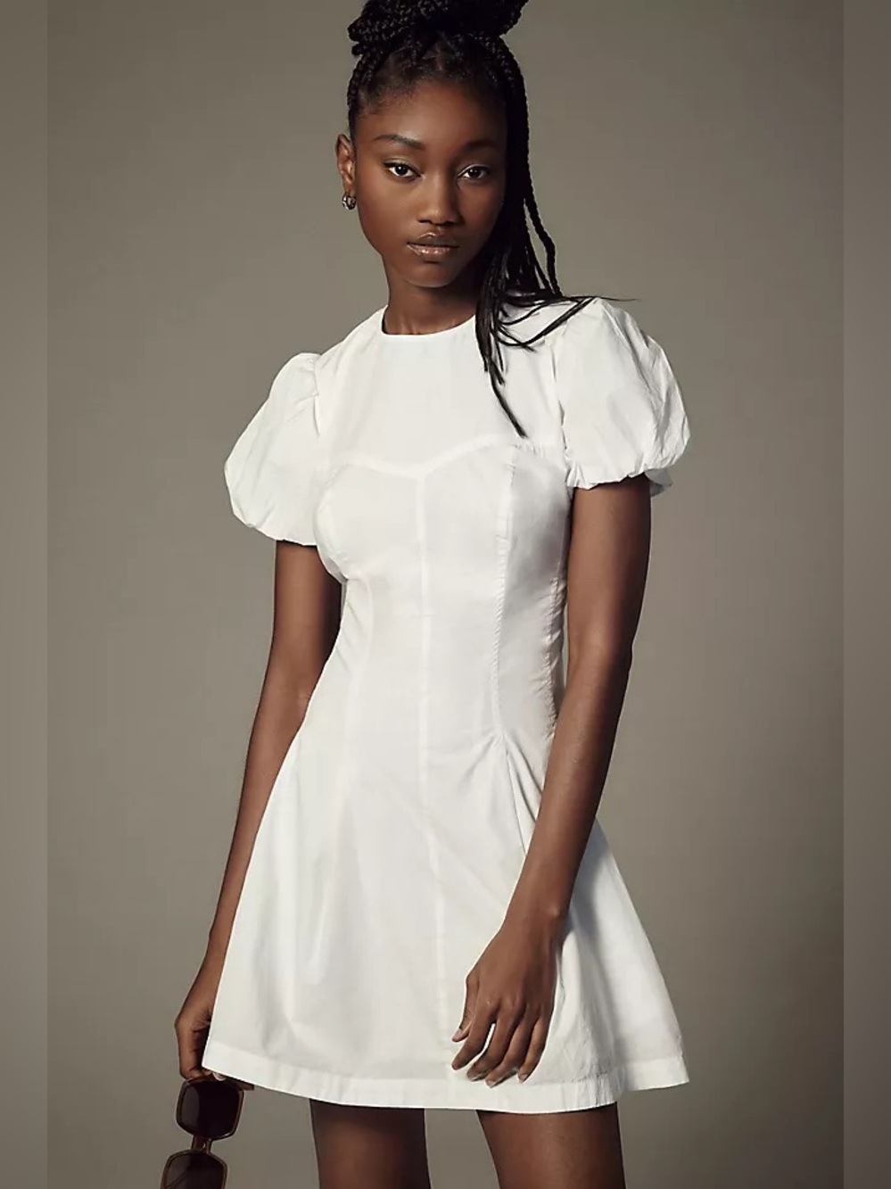 Anthropologie Maeve Puff Sleeve Corset Seam Pleated Mini Dress White XXS